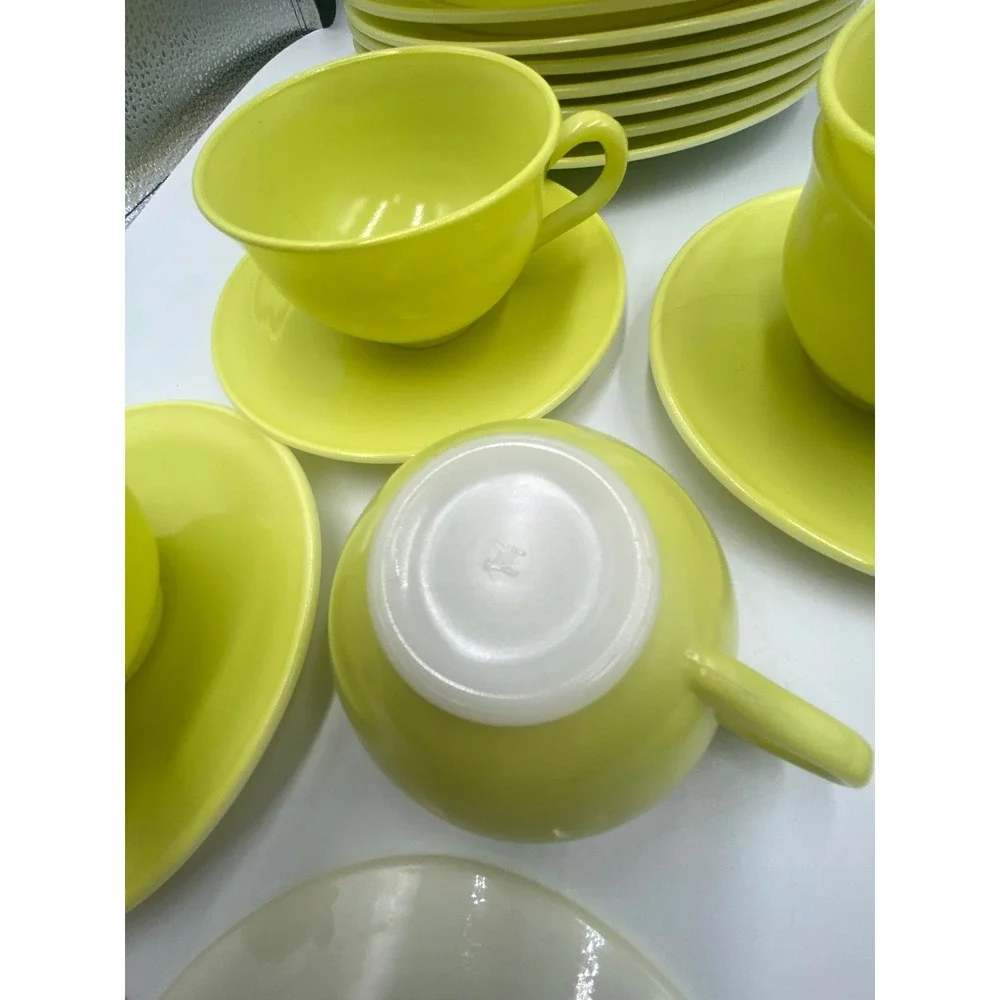 Hazel Atlas Ovide Platonite Neon Yellow Tea Cup + Saucer Set w‎ Plates Set of 6